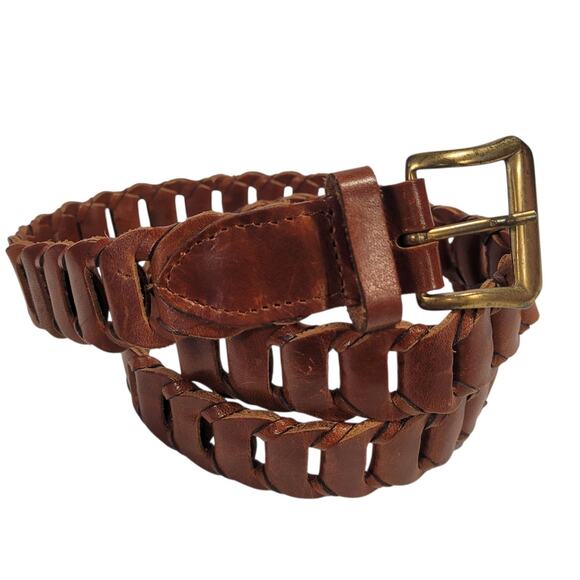 Woven Brown Leather WMS Belt SZ 34 Max Boho Western Adjustable Vintage - Picture 1 of 9